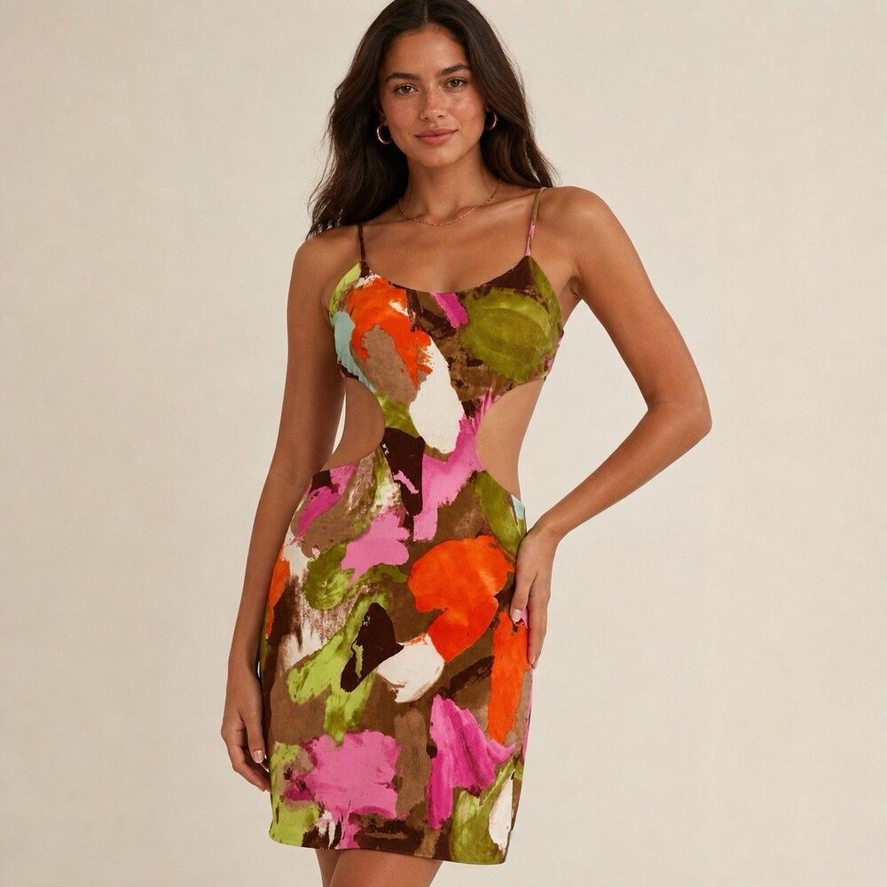 WIN WIN Cutout Bodycon Midi Dress M Abstract Print Y2K Club Vacation Sexy NEW